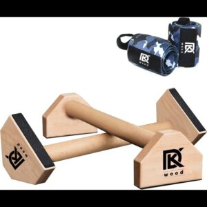 NATURAL ROPE HANDLE AND ANTI SLIP HANDLE CALI SPORTS Calisthenics Wood Parallettes Bars | Push Up Bar That Will Not Slip or Wobble | Wrist Wraps Included (Long) NATURAL WOOD