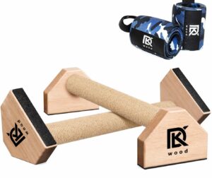 NATURAL ROPE HANDLE AND ANTI SLIP HANDLE CALI SPORTS Calisthenics Wood Parallettes Bars | Push Up Bar That Will Not Slip or Wobble | Wrist Wraps Included (Long) NATURAL WOOD